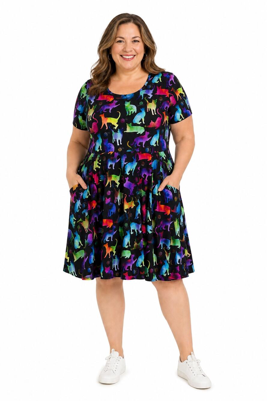 Svaha Organic Cotton Rainbow Cats String Theory Twirl Dress Womens Plus Size 5X
